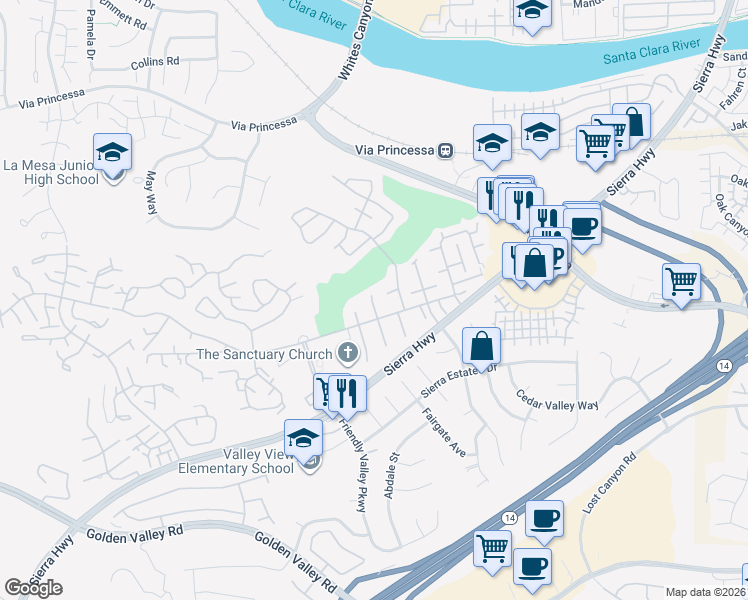 map of restaurants, bars, coffee shops, grocery stores, and more near 26737 Oak Crossing Road in Santa Clarita