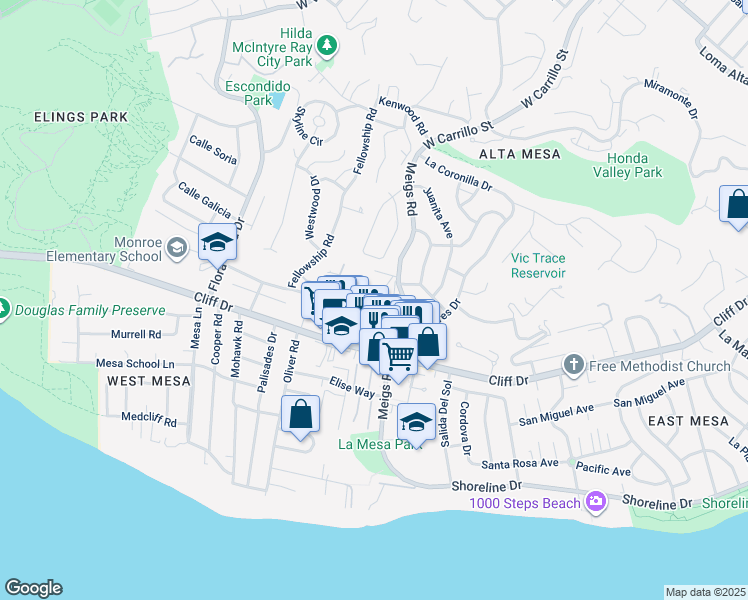 map of restaurants, bars, coffee shops, grocery stores, and more near 539 Meigs Road in Santa Barbara