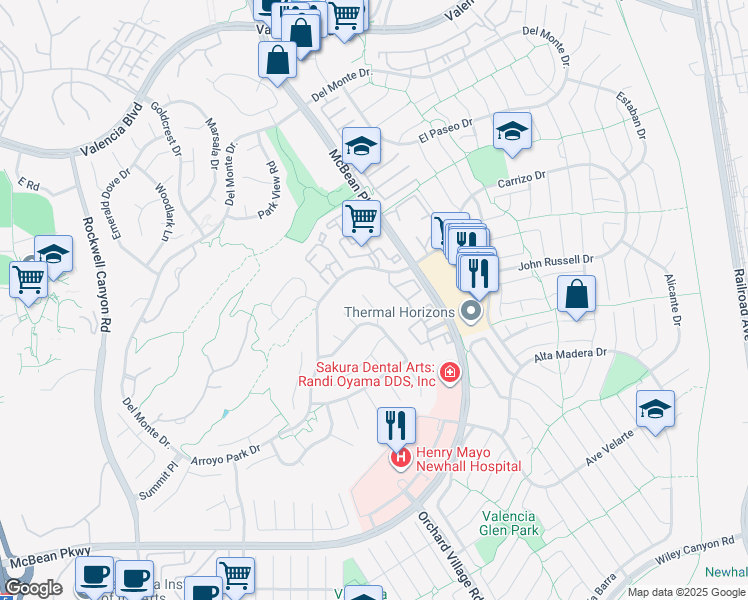 map of restaurants, bars, coffee shops, grocery stores, and more near 26028 Lucerne Court in Santa Clarita