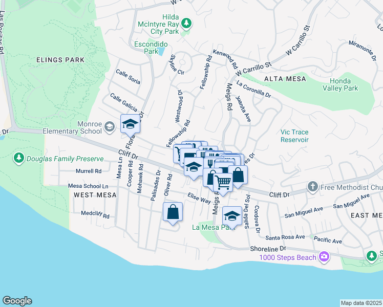map of restaurants, bars, coffee shops, grocery stores, and more near 2100 Red Rose Way in Santa Barbara