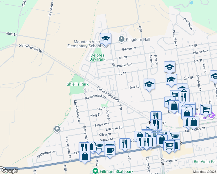 map of restaurants, bars, coffee shops, grocery stores, and more near 621 Lemon Way in Fillmore