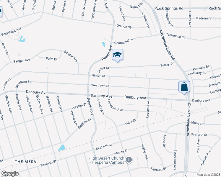 map of restaurants, bars, coffee shops, grocery stores, and more near 18431 Westlawn Street in Hesperia