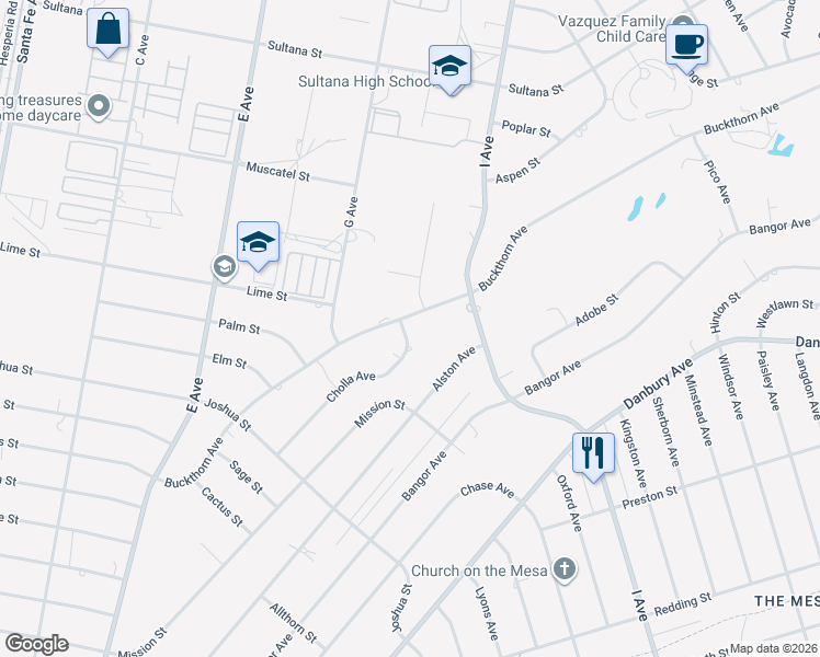 map of restaurants, bars, coffee shops, grocery stores, and more near 8421 Buckthorn Avenue in Hesperia