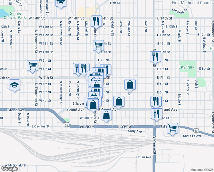 map of restaurants, bars, coffee shops, grocery stores, and more near 600 Gidding Street in Clovis