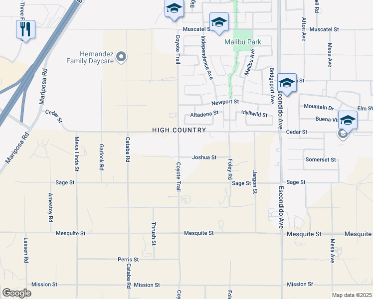 map of restaurants, bars, coffee shops, grocery stores, and more near 8475 Coyote Trail in Hesperia