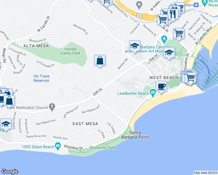 map of restaurants, bars, coffee shops, grocery stores, and more near 1035 Cliff Drive in Santa Barbara