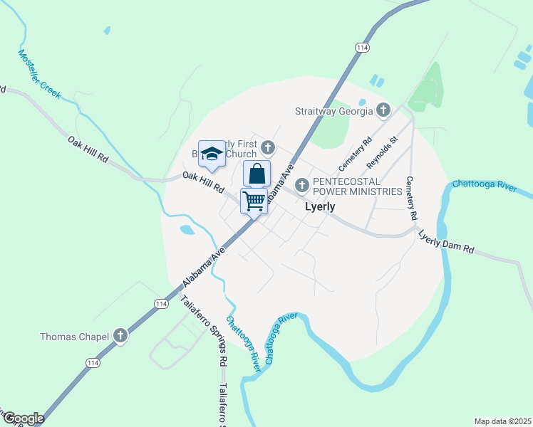 map of restaurants, bars, coffee shops, grocery stores, and more near 6225 Georgia 114 in Lyerly