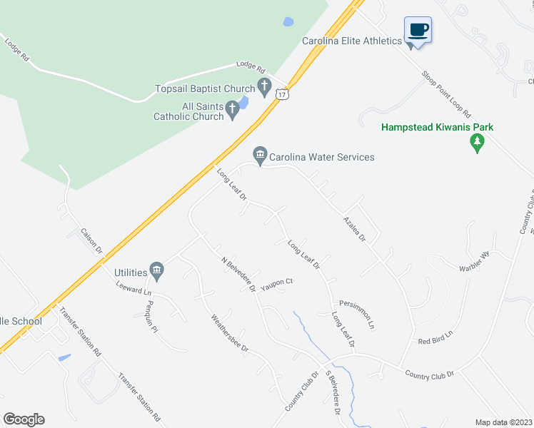 map of restaurants, bars, coffee shops, grocery stores, and more near 118 Long Leaf Drive in Hampstead