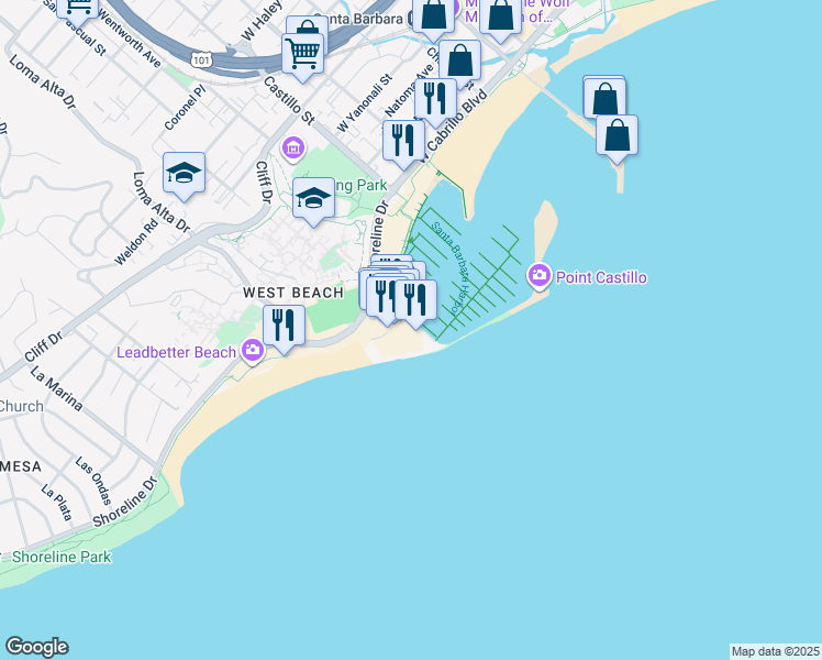 map of restaurants, bars, coffee shops, grocery stores, and more near 132-A Harbor Way in Santa Barbara