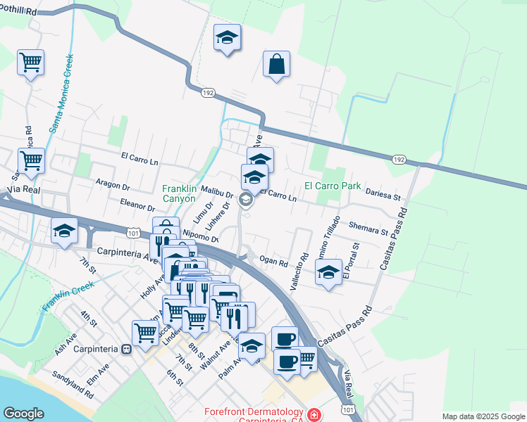 map of restaurants, bars, coffee shops, grocery stores, and more near 1480 Linden Avenue in Carpinteria