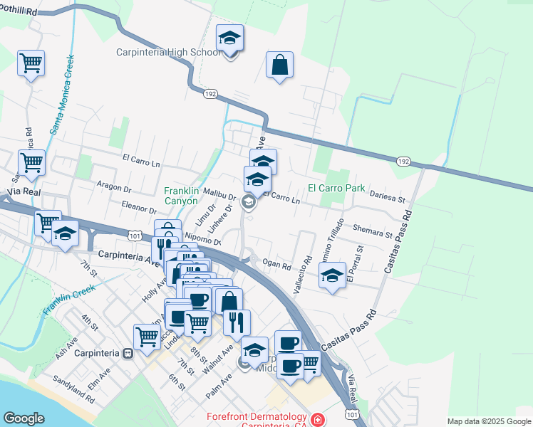 map of restaurants, bars, coffee shops, grocery stores, and more near 1480 Linden Avenue in Carpinteria