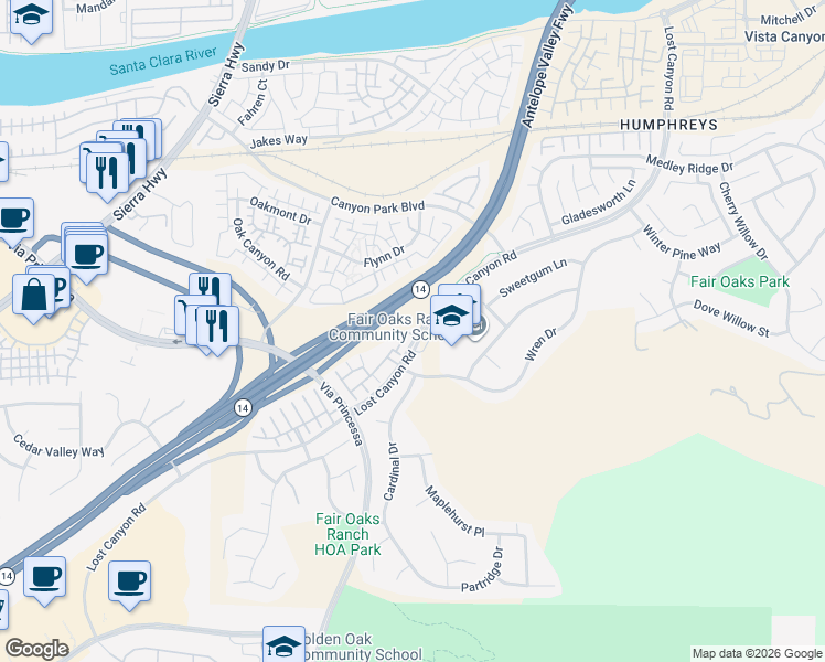 map of restaurants, bars, coffee shops, grocery stores, and more near 17947 Lost Canyon Road in Los Angeles County