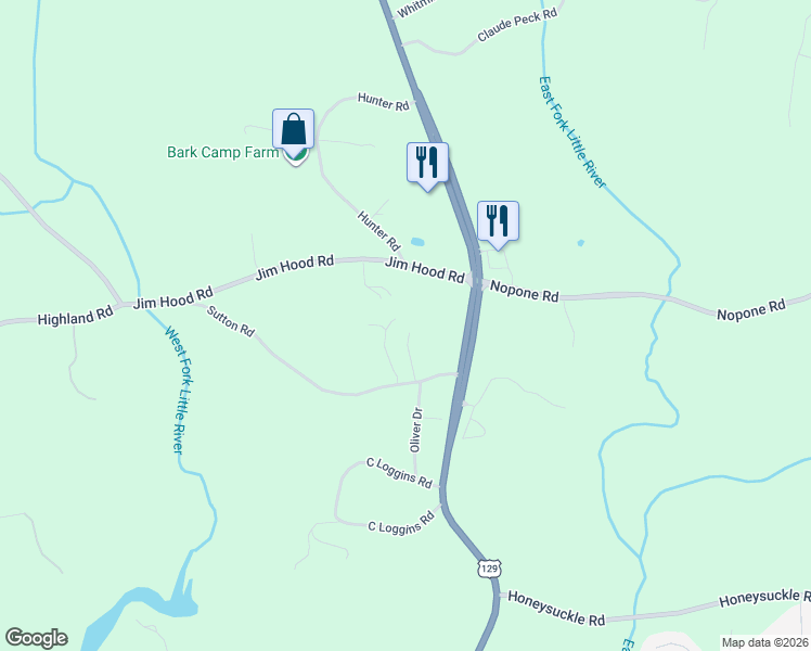 map of restaurants, bars, coffee shops, grocery stores, and more near 4018 Sutton Road in Gainesville
