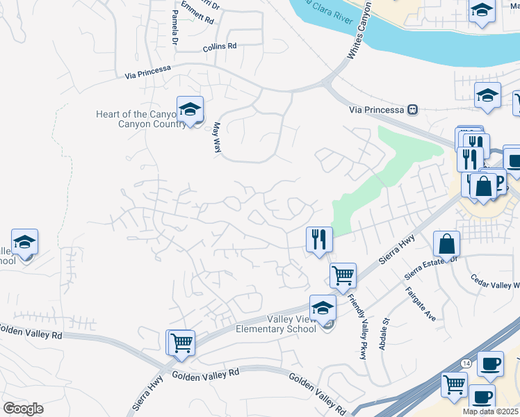map of restaurants, bars, coffee shops, grocery stores, and more near 19593 Mallow Court in Santa Clarita