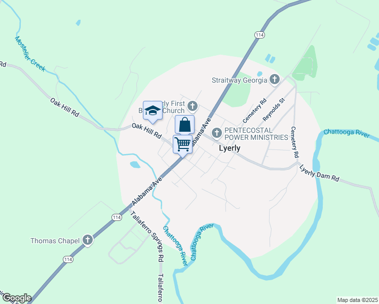 map of restaurants, bars, coffee shops, grocery stores, and more near 6225 Georgia 114 in Lyerly