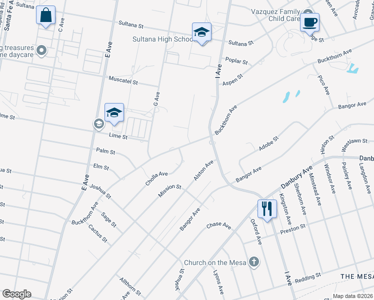 map of restaurants, bars, coffee shops, grocery stores, and more near 8421 Buckthorn Avenue in Hesperia