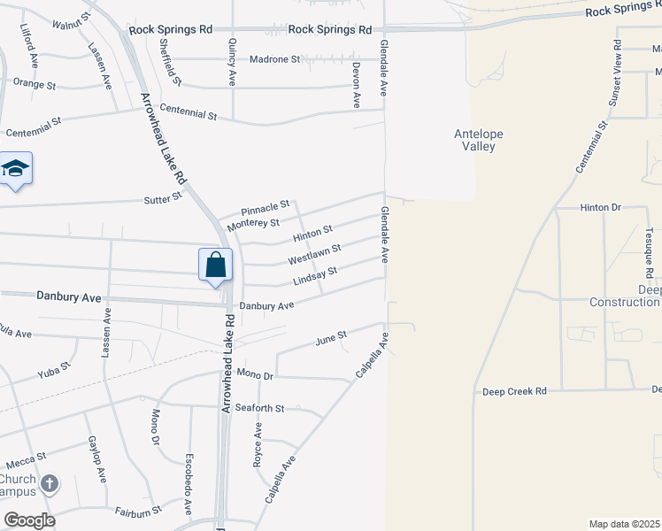 map of restaurants, bars, coffee shops, grocery stores, and more near 19184 Lindsay Street in Hesperia