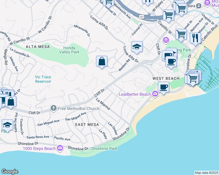 map of restaurants, bars, coffee shops, grocery stores, and more near 1035 Cliff Drive in Santa Barbara