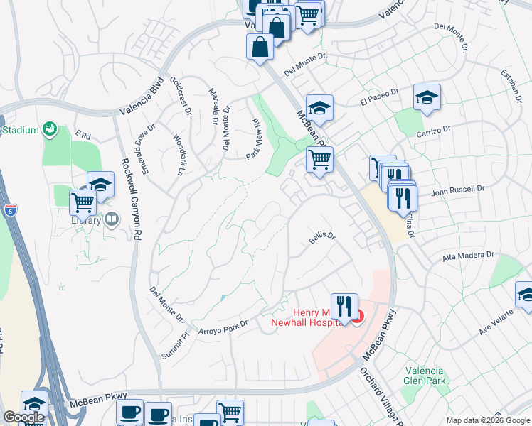 map of restaurants, bars, coffee shops, grocery stores, and more near 24066 Regents Park Circle in Santa Clarita