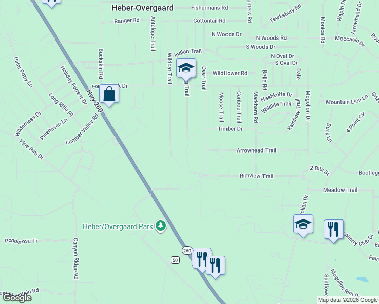 map of restaurants, bars, coffee shops, grocery stores, and more near 2845 Mustang Trail in Heber-Overgaard