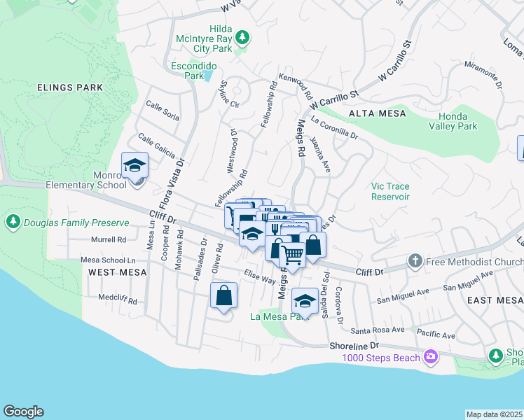 map of restaurants, bars, coffee shops, grocery stores, and more near 515 Red Rose Lane in Santa Barbara