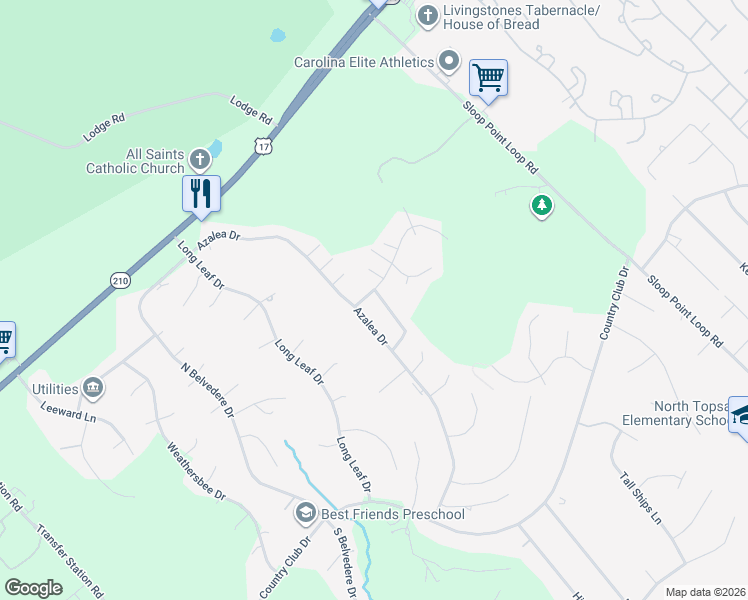 map of restaurants, bars, coffee shops, grocery stores, and more near 120 Mulberry Circle in Hampstead