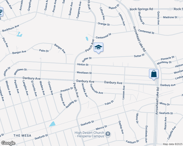 map of restaurants, bars, coffee shops, grocery stores, and more near 18421 Westlawn Street in Hesperia