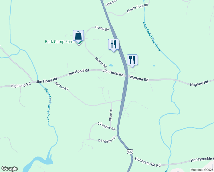 map of restaurants, bars, coffee shops, grocery stores, and more near 4018 Sutton Road in Gainesville