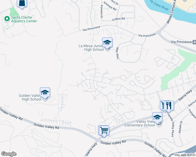 map of restaurants, bars, coffee shops, grocery stores, and more near 26326 Rainbow Glen Drive in Santa Clarita