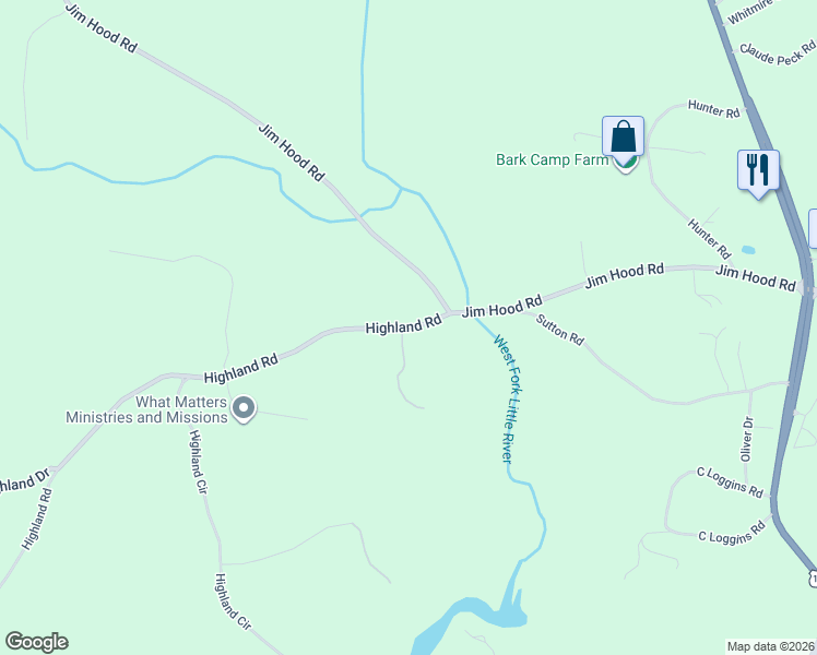 map of restaurants, bars, coffee shops, grocery stores, and more near 4417 Highland Road in Gainesville