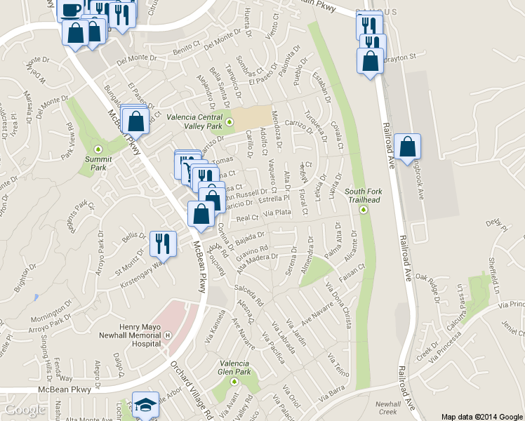 map of restaurants, bars, coffee shops, grocery stores, and more near 23549 Vía Plata in Santa Clarita