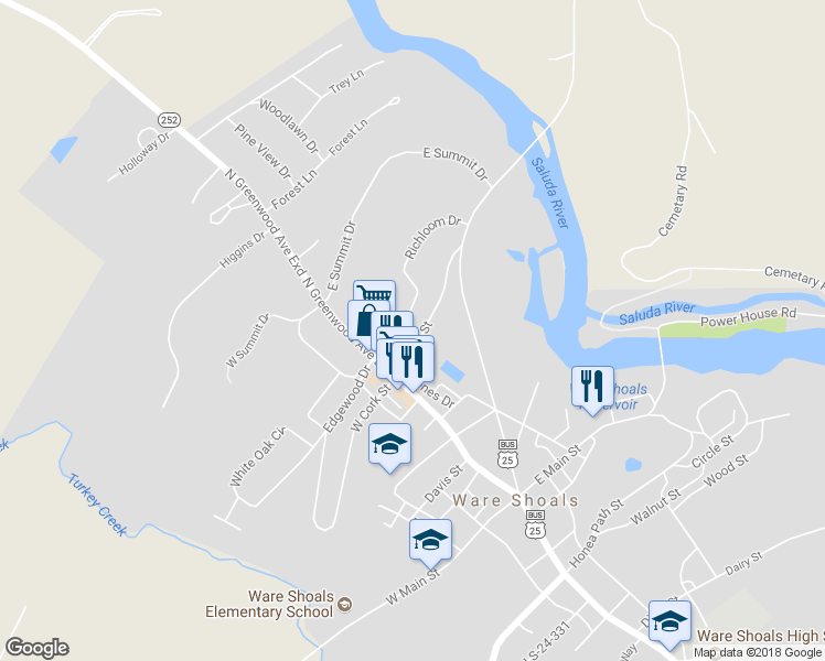 map of restaurants, bars, coffee shops, grocery stores, and more near 55 East Cork Street in Ware Shoals