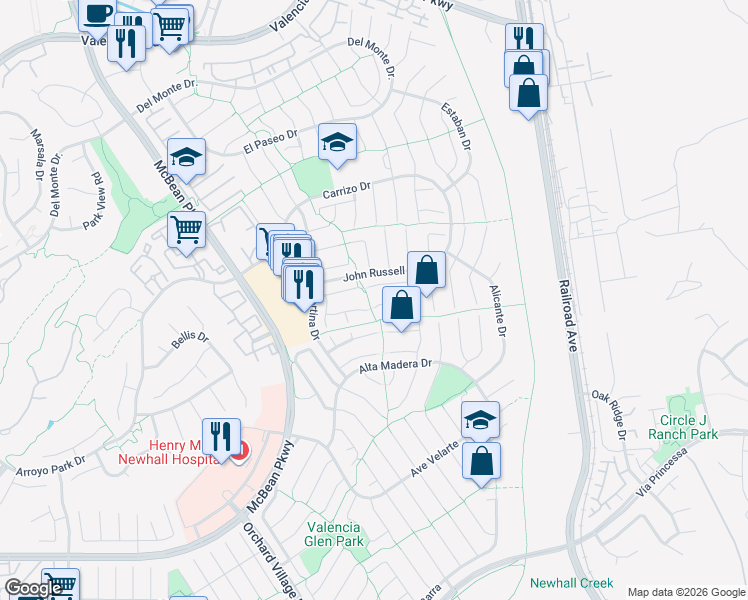 map of restaurants, bars, coffee shops, grocery stores, and more near 23549 Vía Plata in Santa Clarita