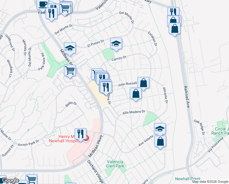 map of restaurants, bars, coffee shops, grocery stores, and more near 23640 Maricio Drive in Santa Clarita