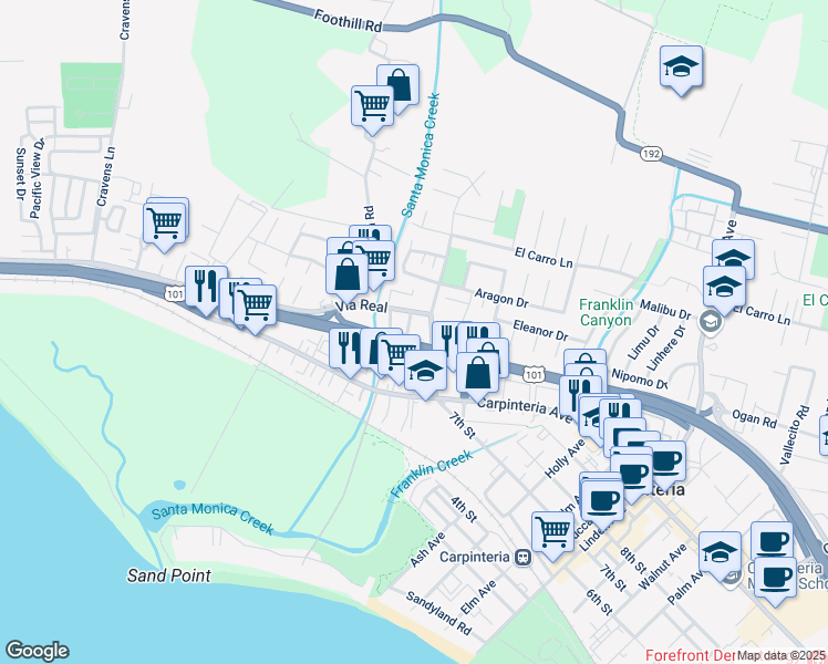 map of restaurants, bars, coffee shops, grocery stores, and more near 1245 Cramer Circle in Carpinteria