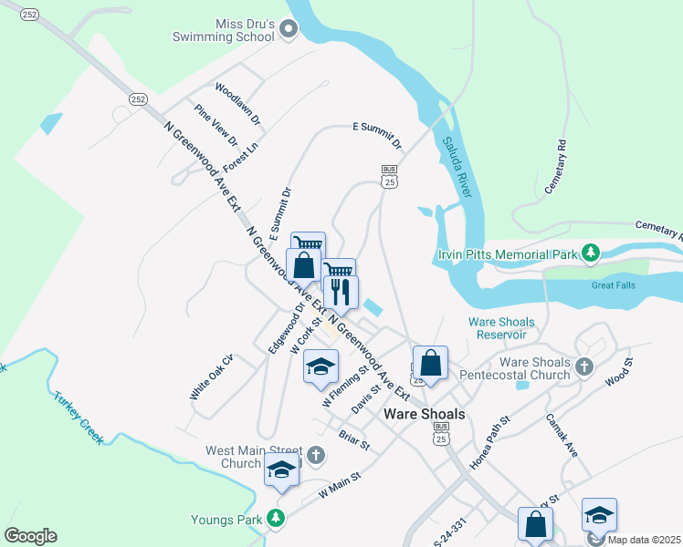 map of restaurants, bars, coffee shops, grocery stores, and more near 55 East Cork Street in Ware Shoals