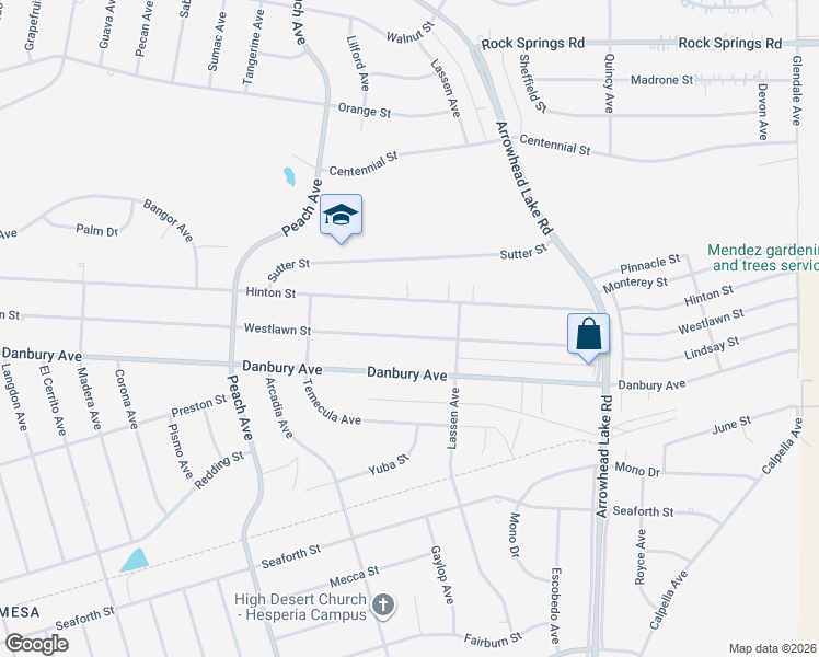 map of restaurants, bars, coffee shops, grocery stores, and more near 18598 Westlawn Street in Hesperia