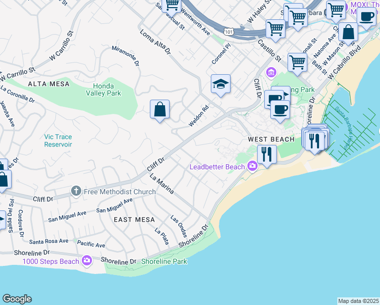 map of restaurants, bars, coffee shops, grocery stores, and more near 310 Oceano Avenue in Santa Barbara