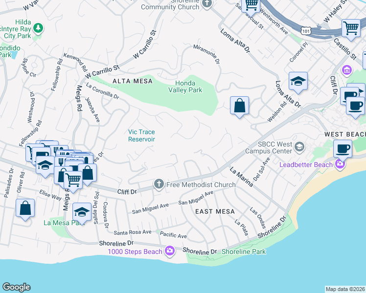 map of restaurants, bars, coffee shops, grocery stores, and more near 1177 Harbor Hills Drive in Santa Barbara