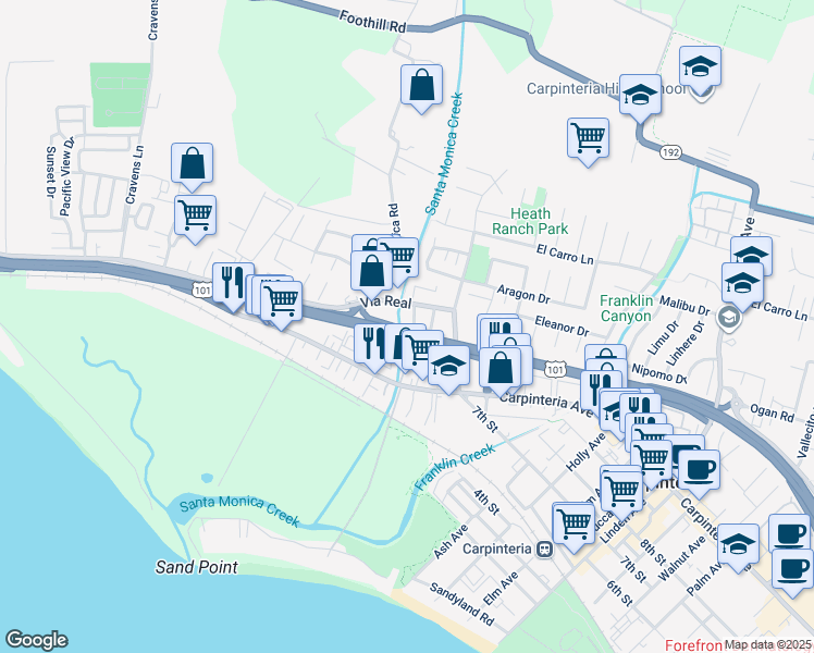 map of restaurants, bars, coffee shops, grocery stores, and more near 1364 Cramer Circle in Carpinteria