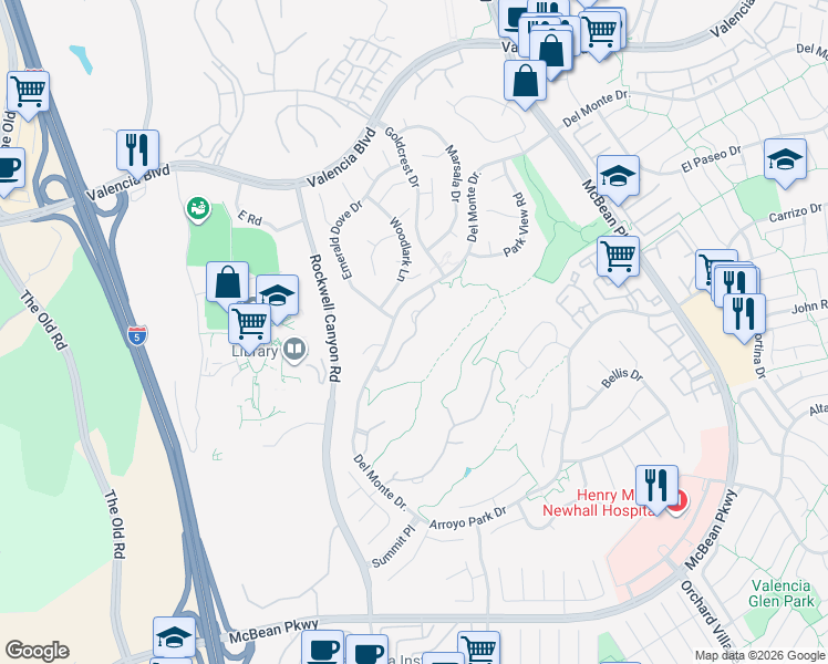 map of restaurants, bars, coffee shops, grocery stores, and more near 24444 Hampton Drive in Santa Clarita