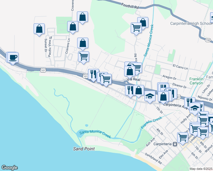 map of restaurants, bars, coffee shops, grocery stores, and more near 4228 Carpinteria Avenue in Carpinteria