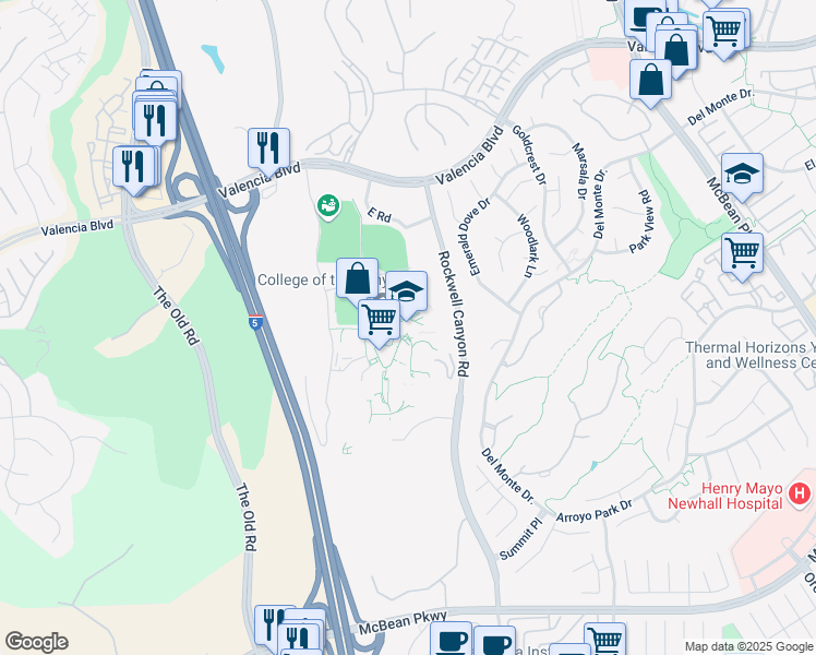 map of restaurants, bars, coffee shops, grocery stores, and more near 26455 Rockwell Canyon Road in Santa Clarita