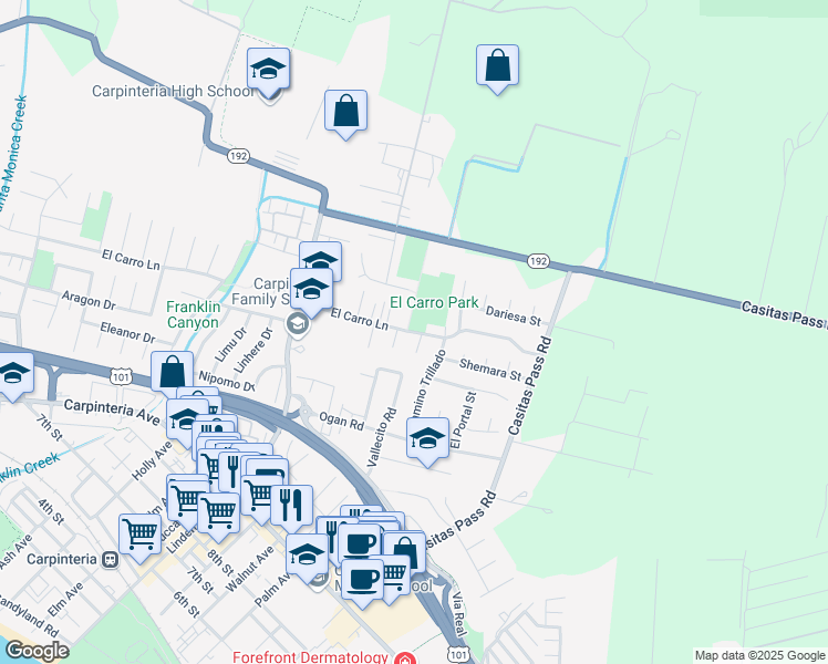 map of restaurants, bars, coffee shops, grocery stores, and more near 5300 El Carro Lane in Carpinteria