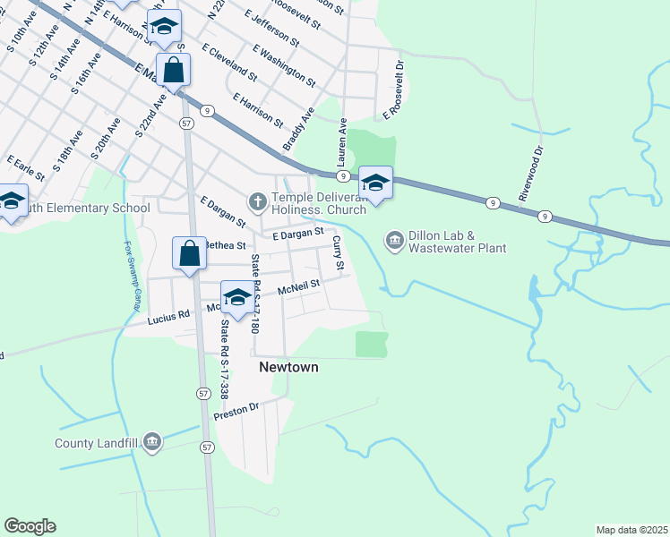 map of restaurants, bars, coffee shops, grocery stores, and more near 550-712 Curry Street in Dillon