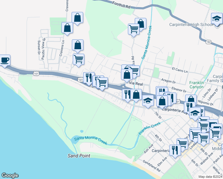 map of restaurants, bars, coffee shops, grocery stores, and more near 4252 Carpinteria Avenue in Carpinteria
