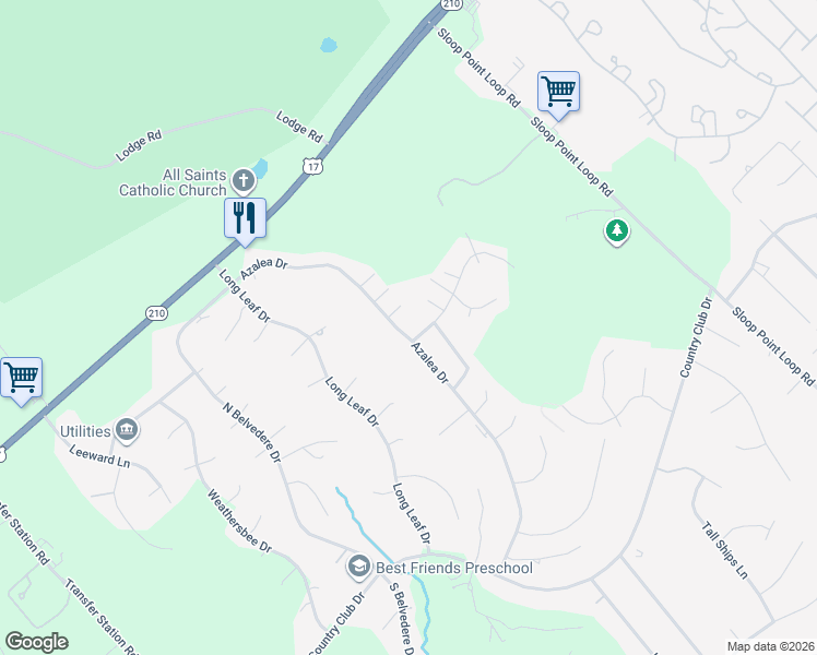 map of restaurants, bars, coffee shops, grocery stores, and more near 407 Azalea Drive in Hampstead