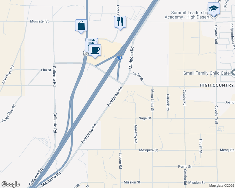 map of restaurants, bars, coffee shops, grocery stores, and more near 8293-8499 Mariposa Road in Hesperia