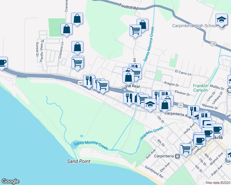 map of restaurants, bars, coffee shops, grocery stores, and more near 4252 Carpinteria Avenue in Carpinteria