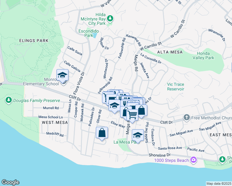map of restaurants, bars, coffee shops, grocery stores, and more near 515 Red Rose Lane in Santa Barbara